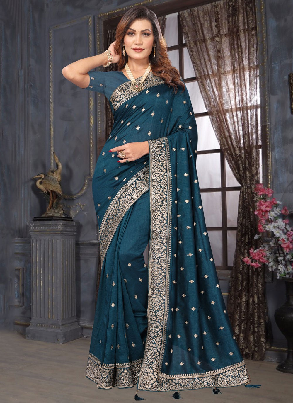 Classic Embroidered Vichitra Silk Saree - S7585