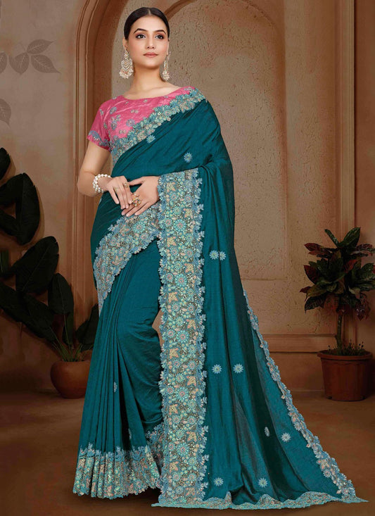 Border Work, Cut Work, Embroidered, Moti, Stones Art Silk Saree - S12121