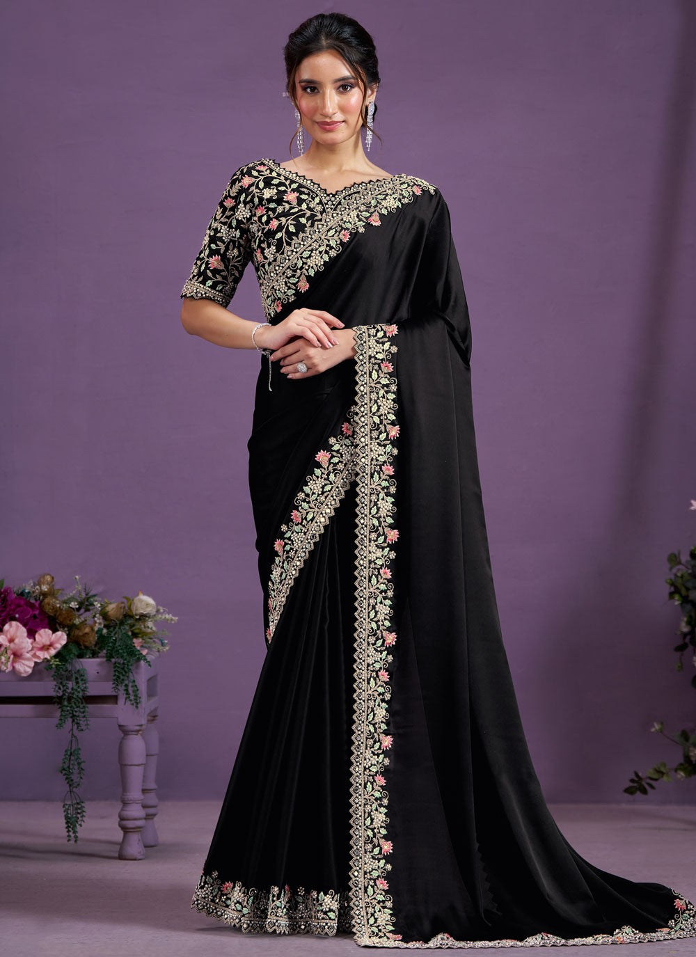 Contemporary Embroidered Satin Silk Saree - S9964