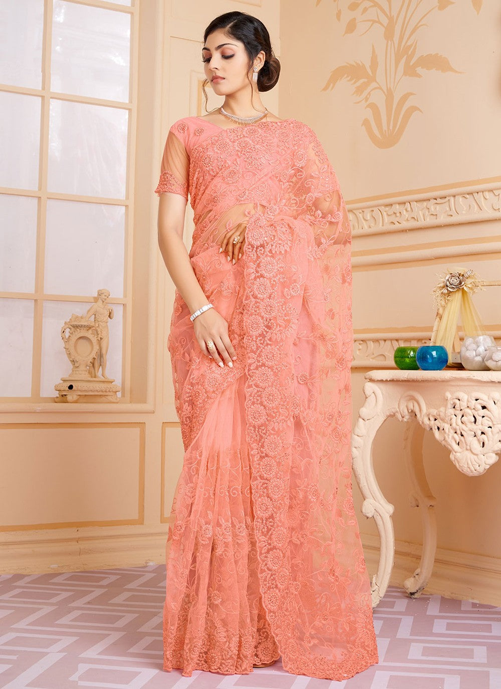 Trendy Embroidered Net Saree - S2081