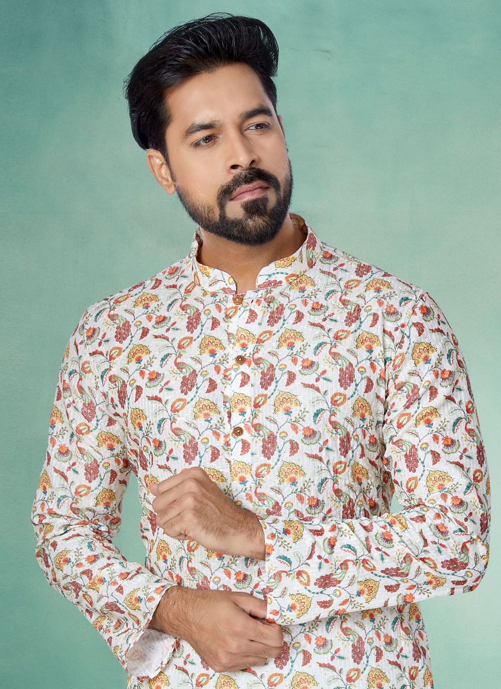 Digital Print Fancy Fabric Multi Colour, Off White Kurta Pyjama - M5077