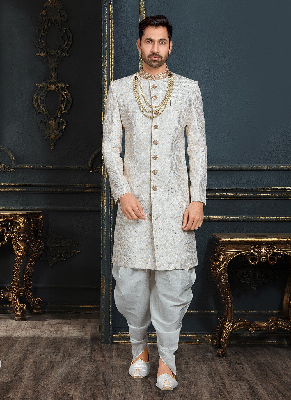 Embroidered Banarasi Jacquard Multi Colour, Off White Sherwani - M3106