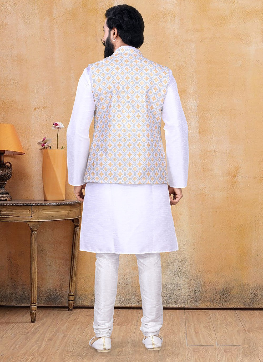 Printed Lucknowi Multi Colour, Off White Kurta Payjama With Jacket - M3361