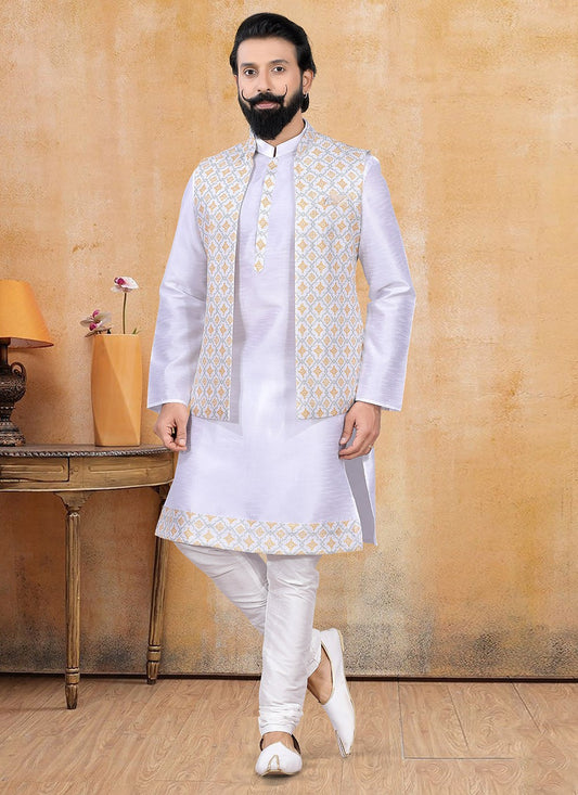 Printed Lucknowi Multi Colour, Off White Kurta Payjama With Jacket - M3361