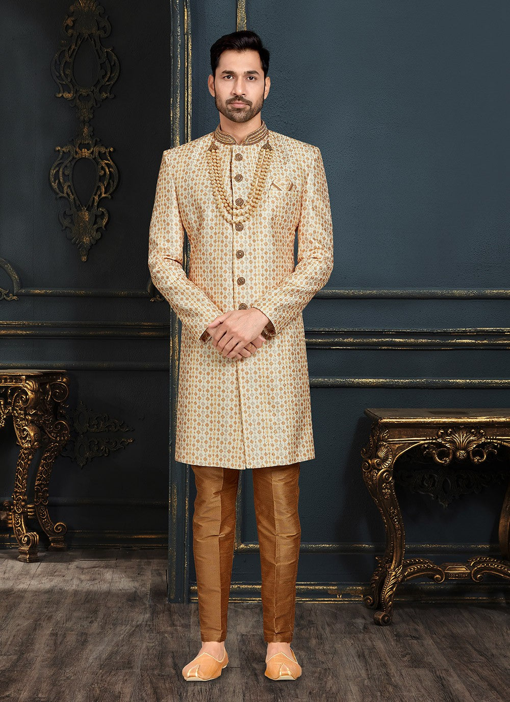 Embroidered Banarasi Jacquard Multi Colour, Orange Sherwani - M3108