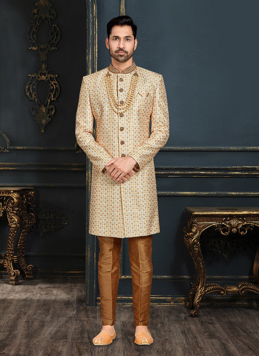 Embroidered Banarasi Jacquard Multi Colour, Orange Sherwani - M3108