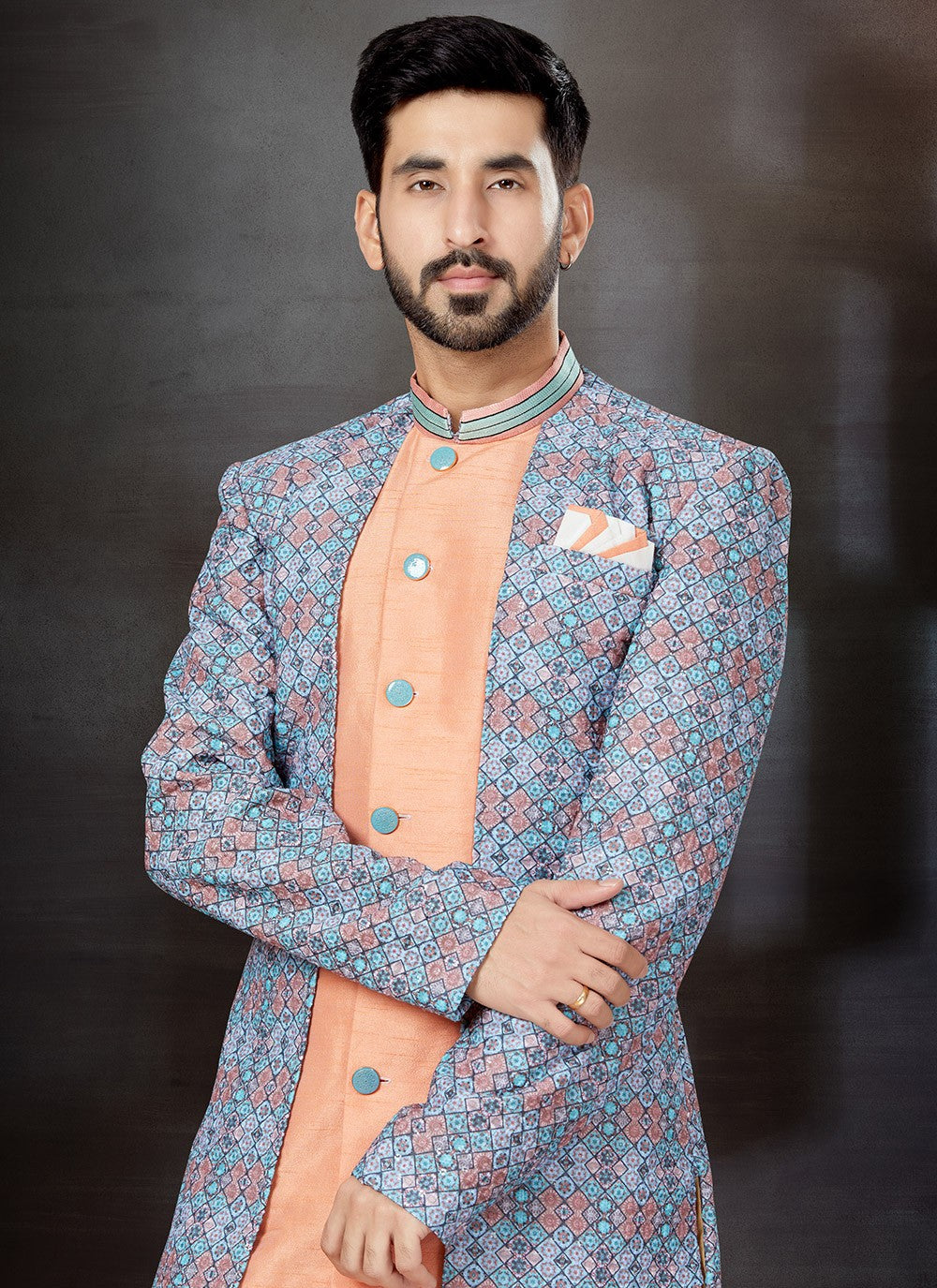 Embroidered Dupion Silk, Jacquard Multi Colour, Peach Indo Western Sherwani - M4796