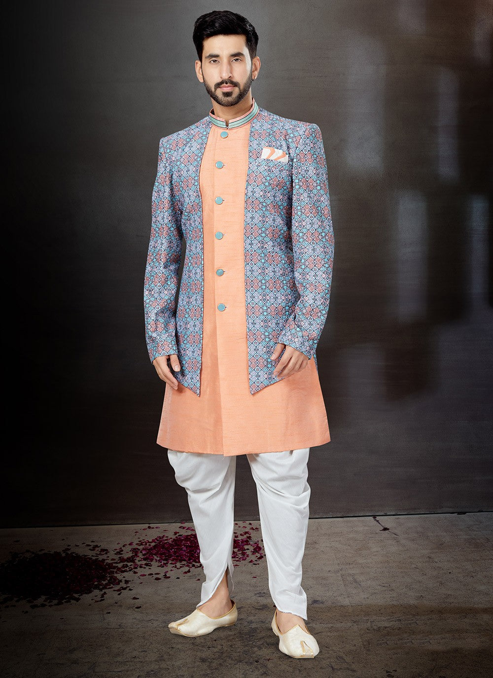 Embroidered Dupion Silk, Jacquard Multi Colour, Peach Indo Western Sherwani - M4796