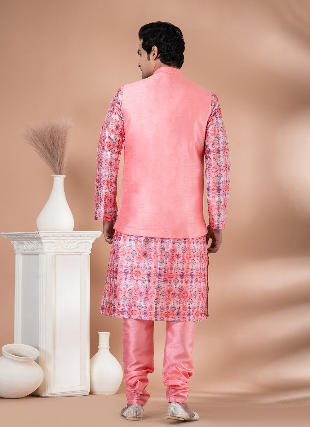 Printed Banarasi Silk Multi Colour, Pink Kurta Payjama With Jacket - M7720