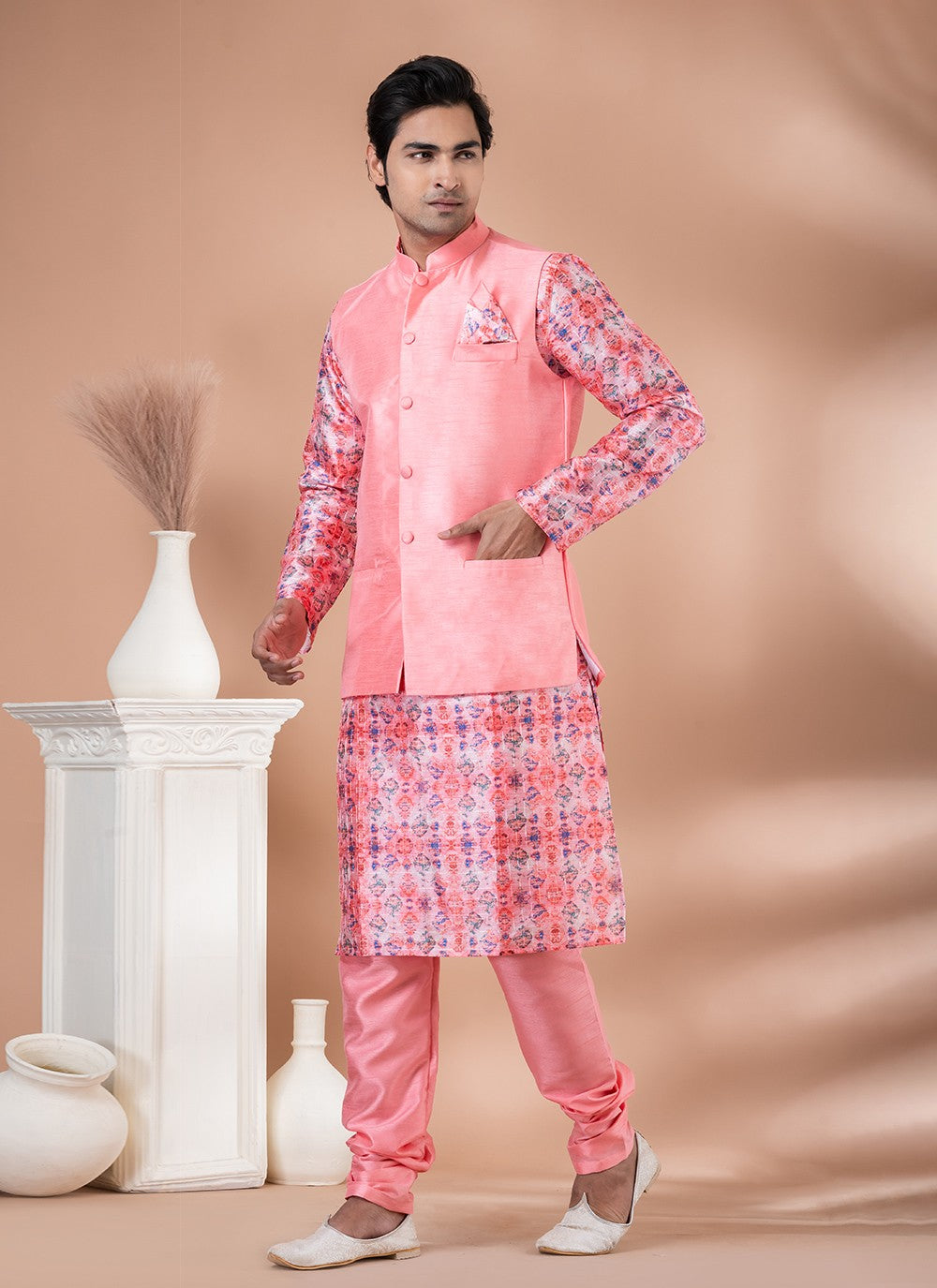 Printed Banarasi Silk Multi Colour, Pink Kurta Payjama With Jacket - M7720