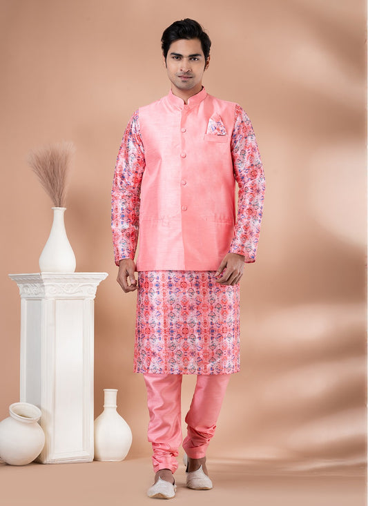 Printed Banarasi Silk Multi Colour, Pink Kurta Payjama With Jacket - M7720