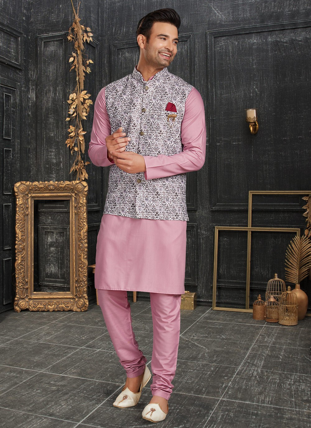 Chicken Cotton Multi Colour, Pink Kurta Payjama With Jacket - M4630