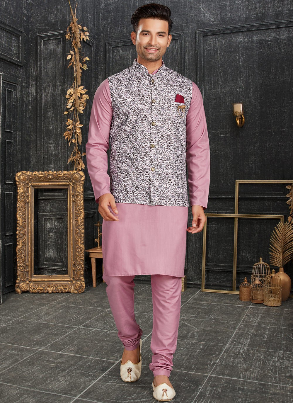 Chicken Cotton Multi Colour, Pink Kurta Payjama With Jacket - M4630