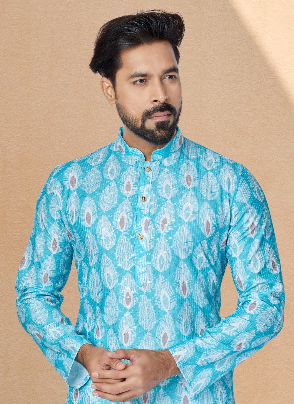 Digital Print Fancy Fabric Multi Colour, Turquoise Kurta Pyjama - M5079