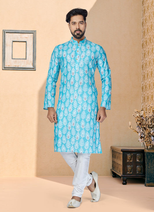 Digital Print Fancy Fabric Multi Colour, Turquoise Kurta Pyjama - M5079