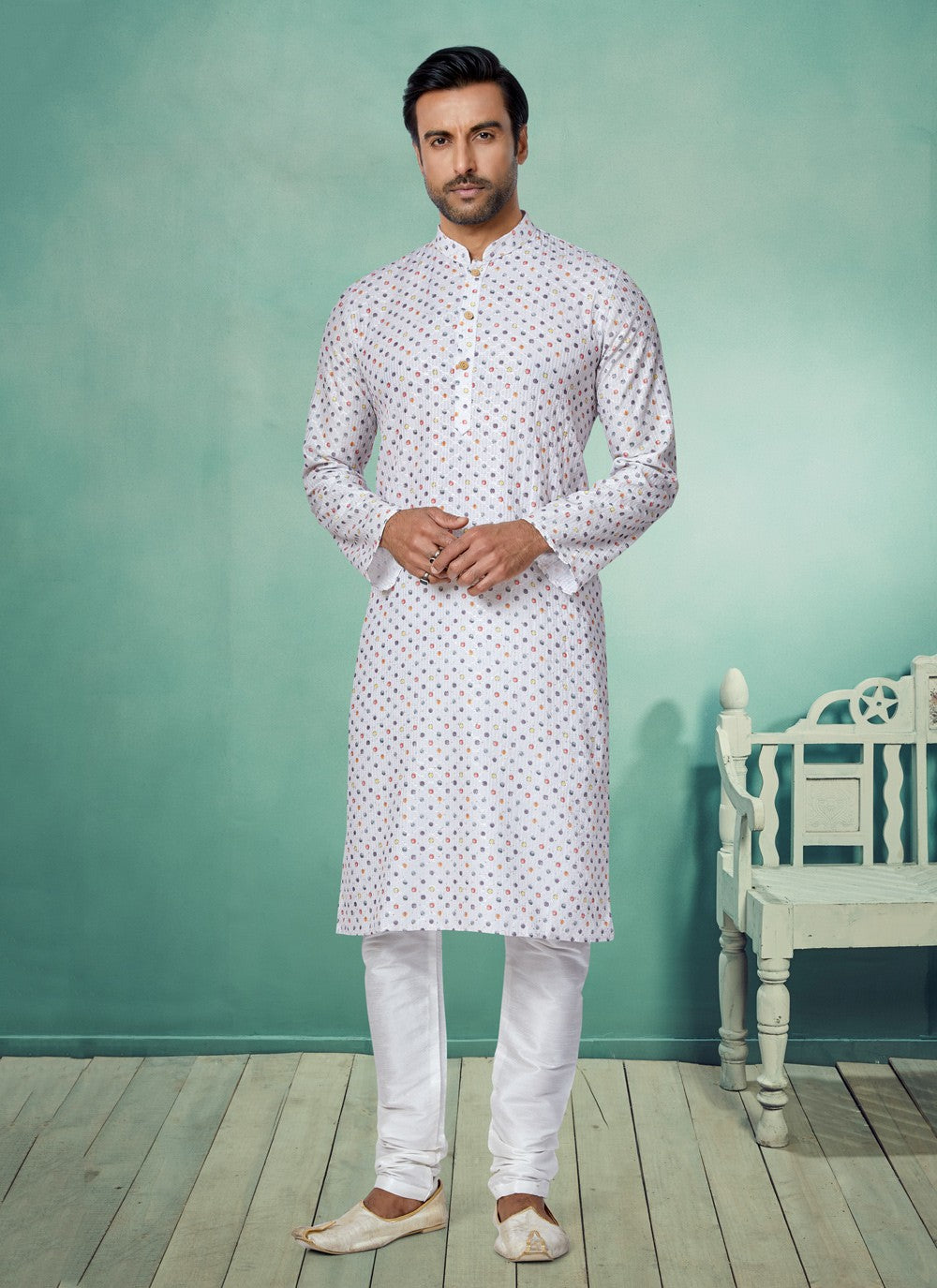 Digital Print Fancy Fabric Multi Colour, White Kurta Pyjama - M5082