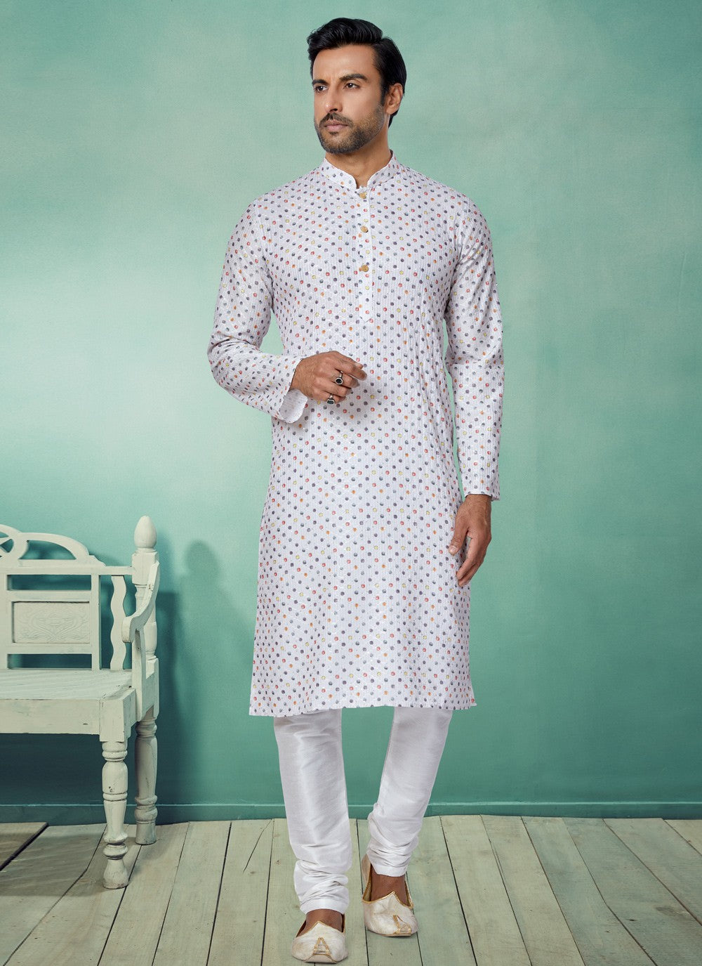 Digital Print Fancy Fabric Multi Colour, White Kurta Pyjama - M5082