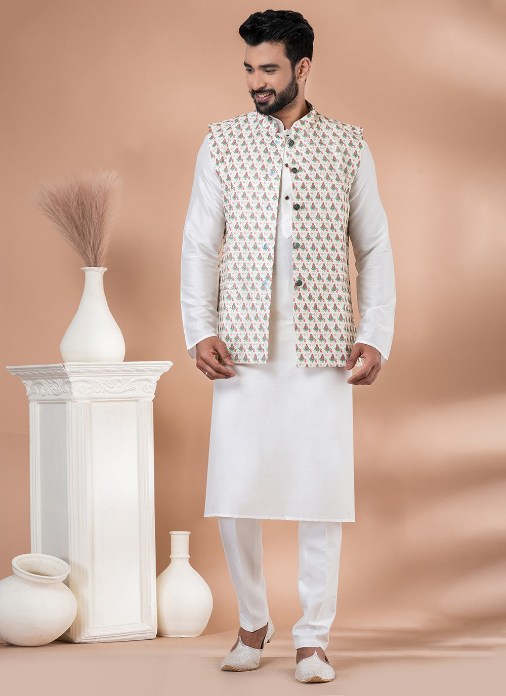 Digital Print Viscose Multi Colour, White Kurta Payjama With Jacket - M7740