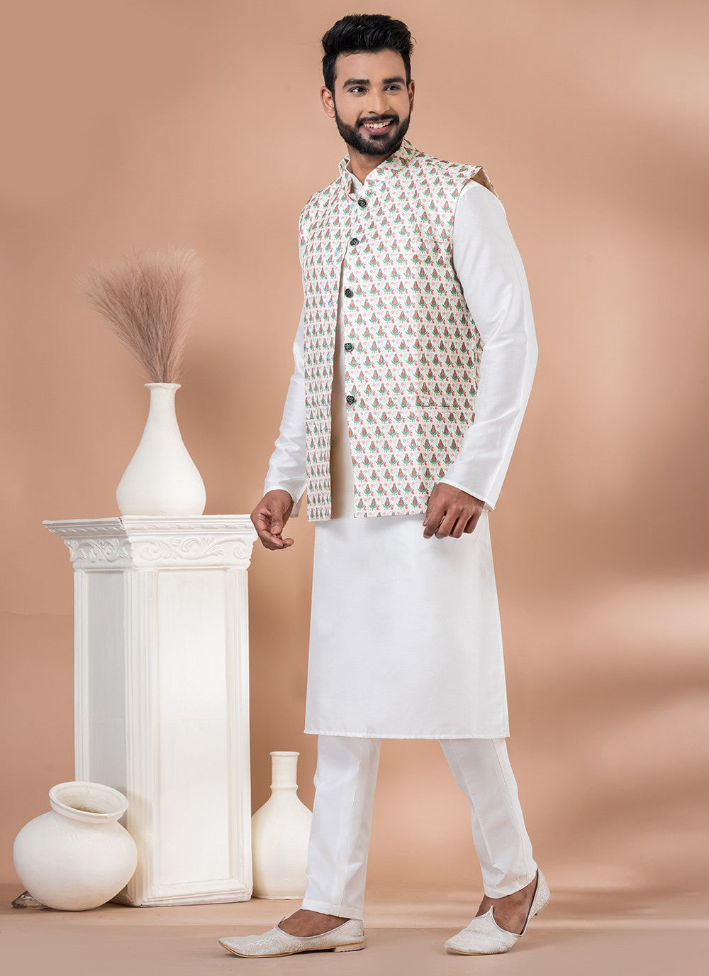 Digital Print Viscose Multi Colour, White Kurta Payjama With Jacket - M7740