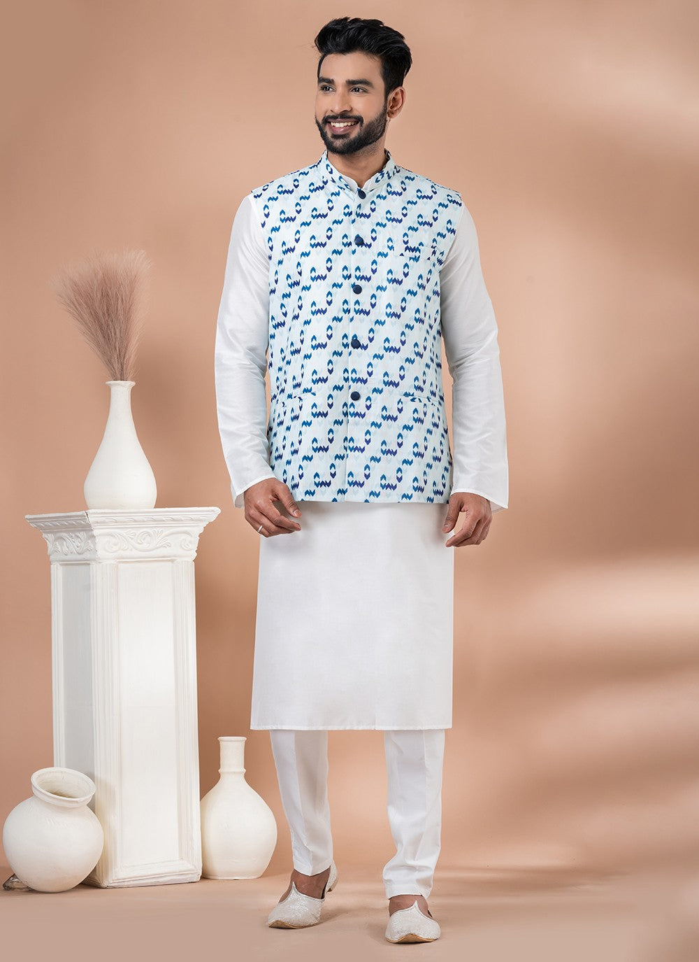 Plain Cotton , Viscose Multi Colour, White Kurta Payjama With Jacket - M7744