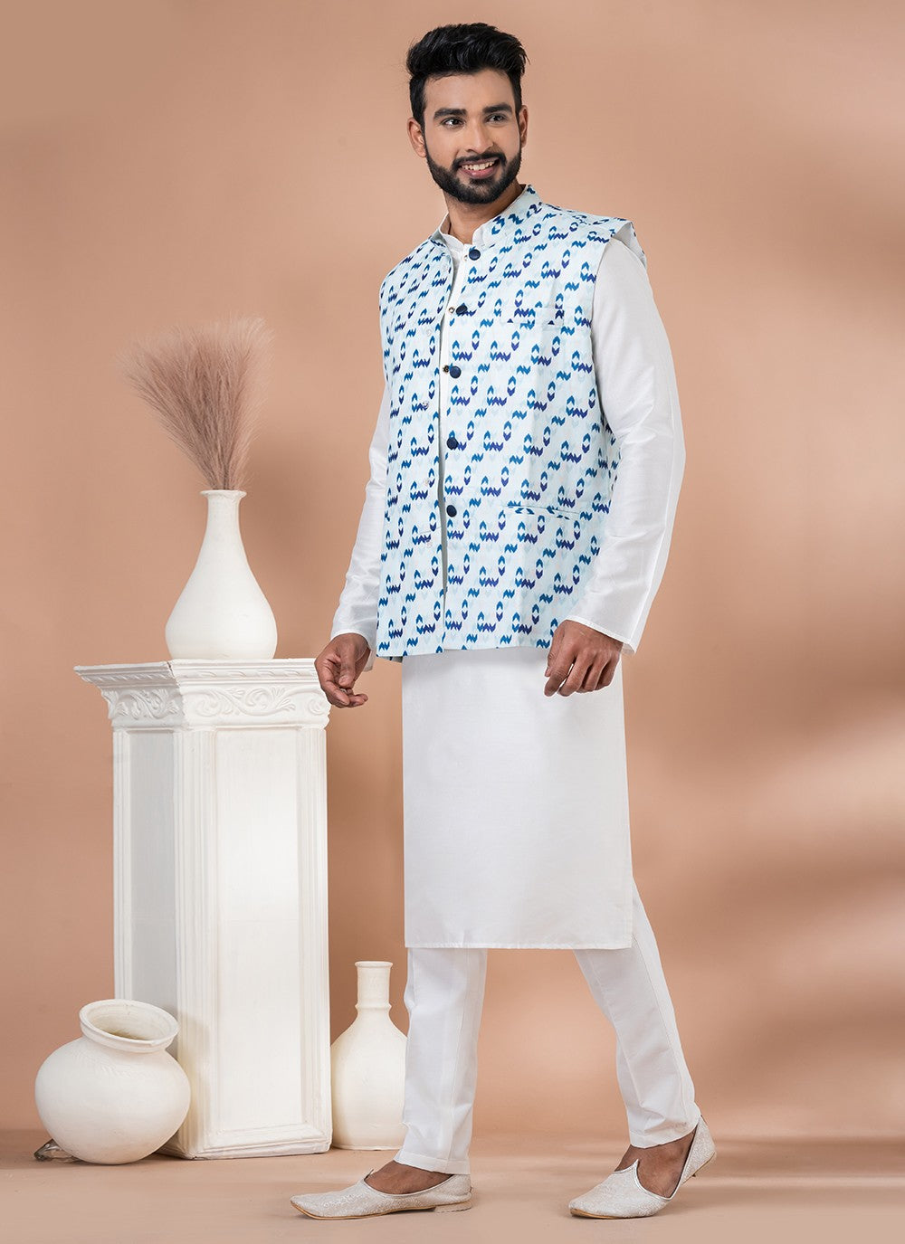 Plain Cotton , Viscose Multi Colour, White Kurta Payjama With Jacket - M7744