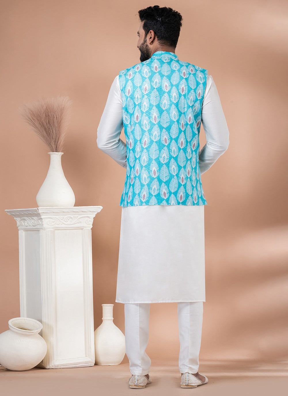 Plain Viscose Multi Colour, White Kurta Payjama With Jacket - M7737