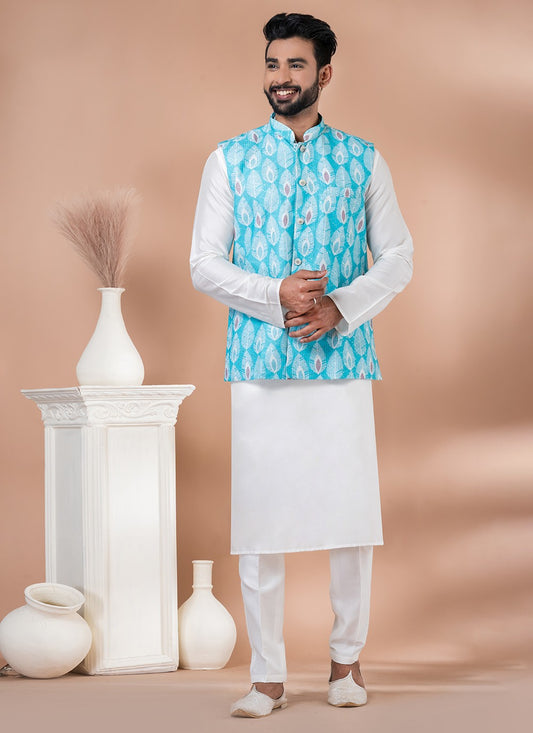 Plain Viscose Multi Colour, White Kurta Payjama With Jacket - M7737