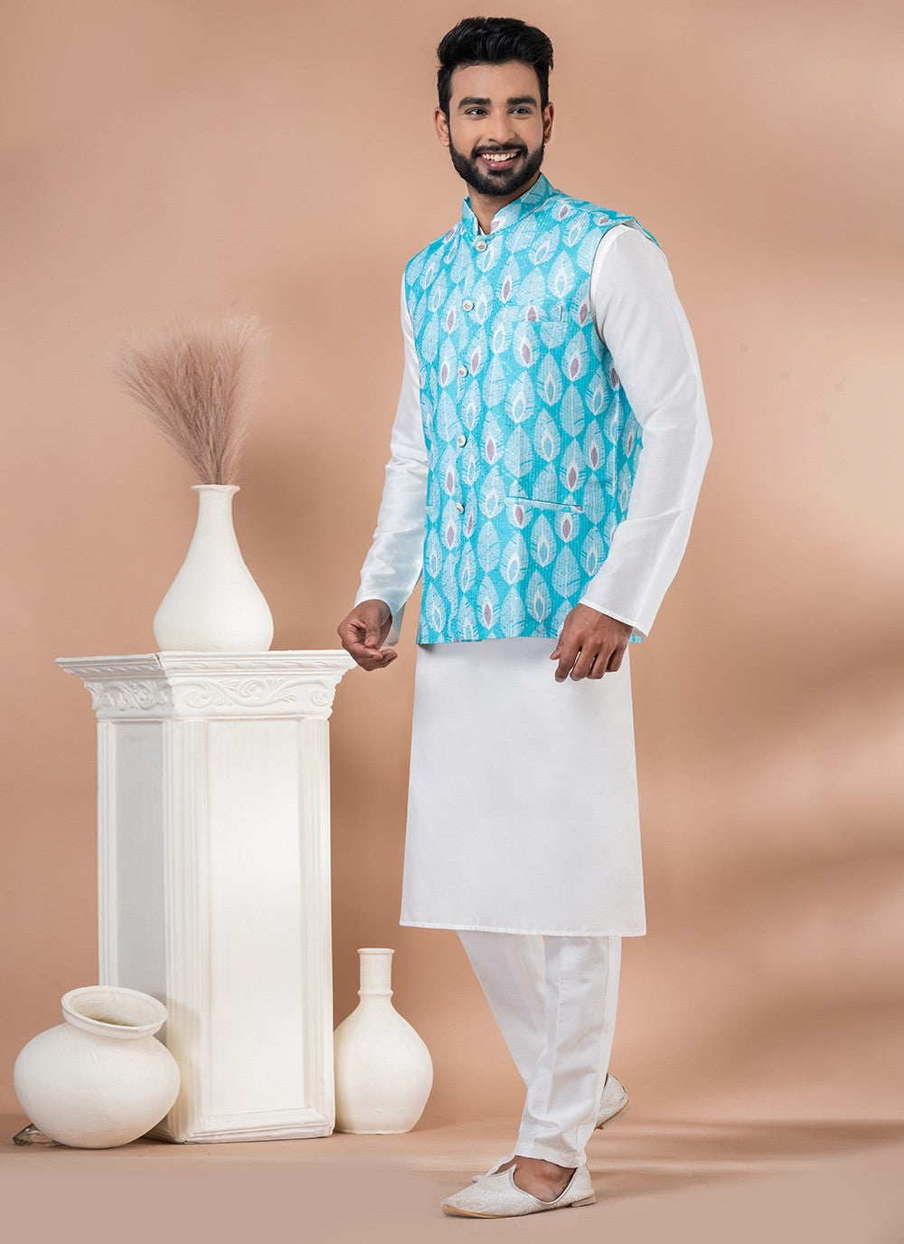 Plain Viscose Multi Colour, White Kurta Payjama With Jacket - M7737