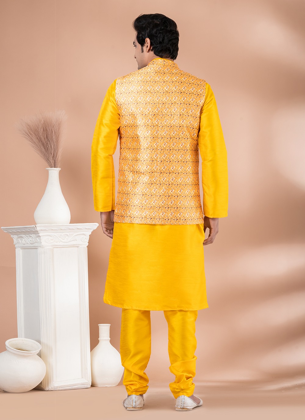 Plain Banarasi Silk Multi Colour, Yellow Kurta Payjama With Jacket - M7713