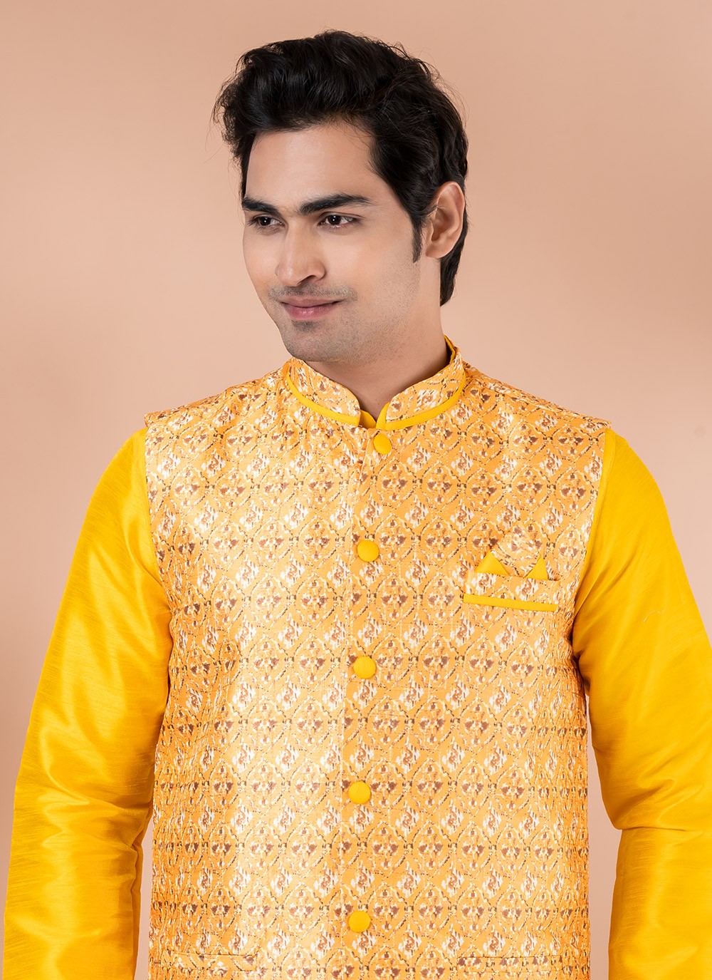 Plain Banarasi Silk Multi Colour, Yellow Kurta Payjama With Jacket - M7713