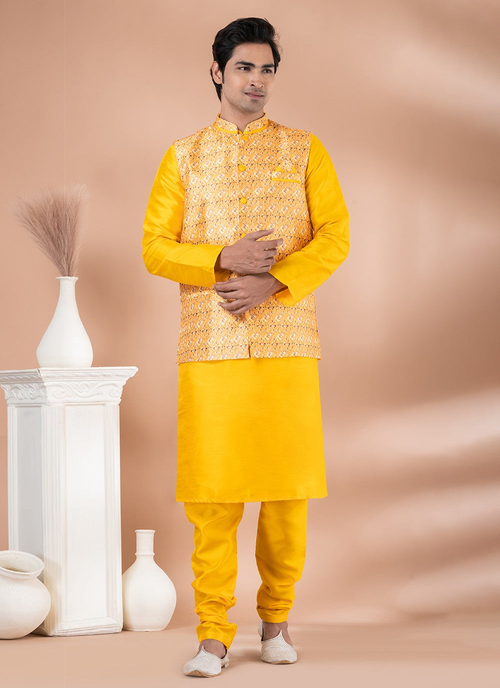 Plain Banarasi Silk Multi Colour, Yellow Kurta Payjama With Jacket - M7713