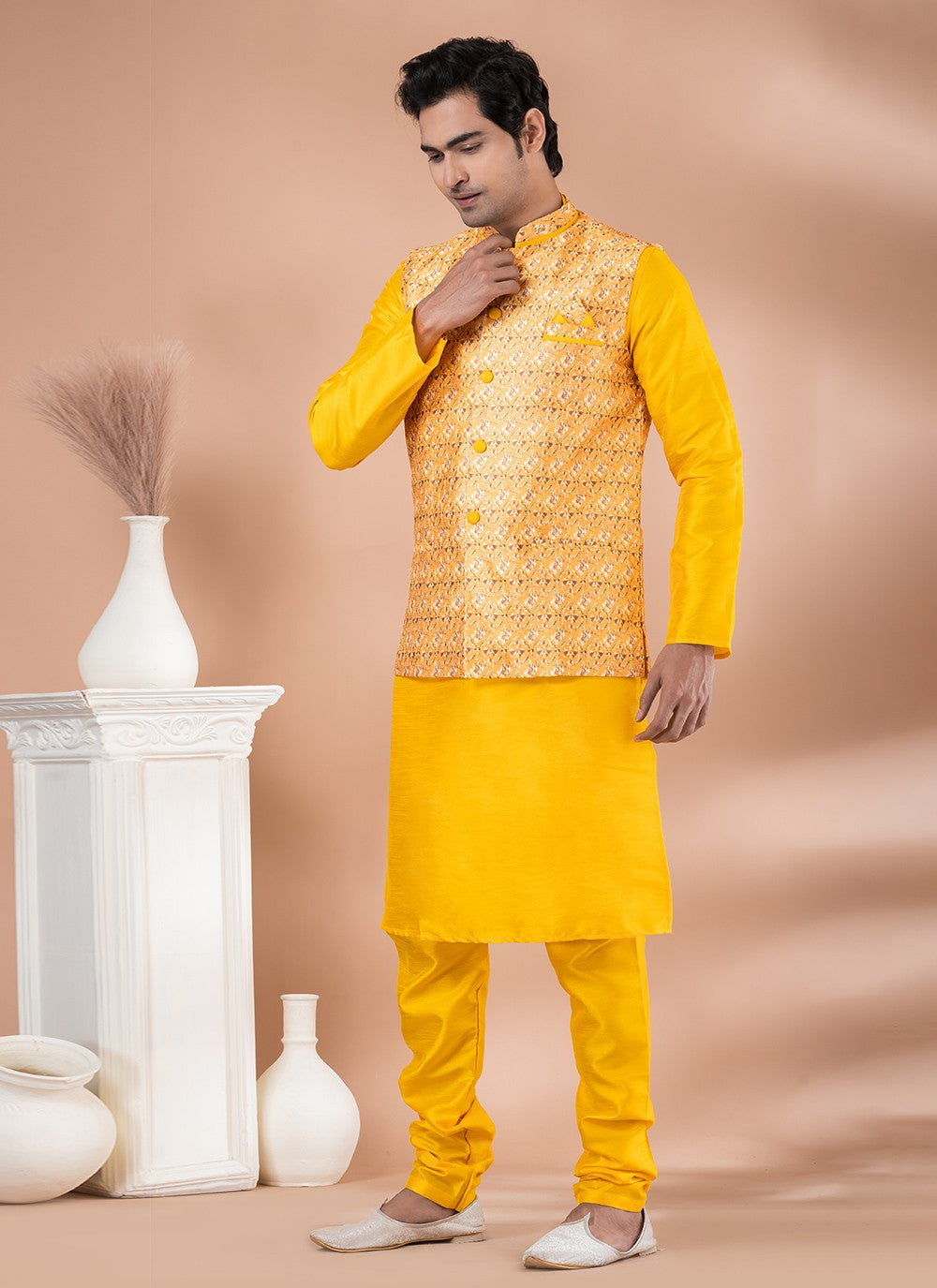 Plain Banarasi Silk Multi Colour, Yellow Kurta Payjama With Jacket - M7713