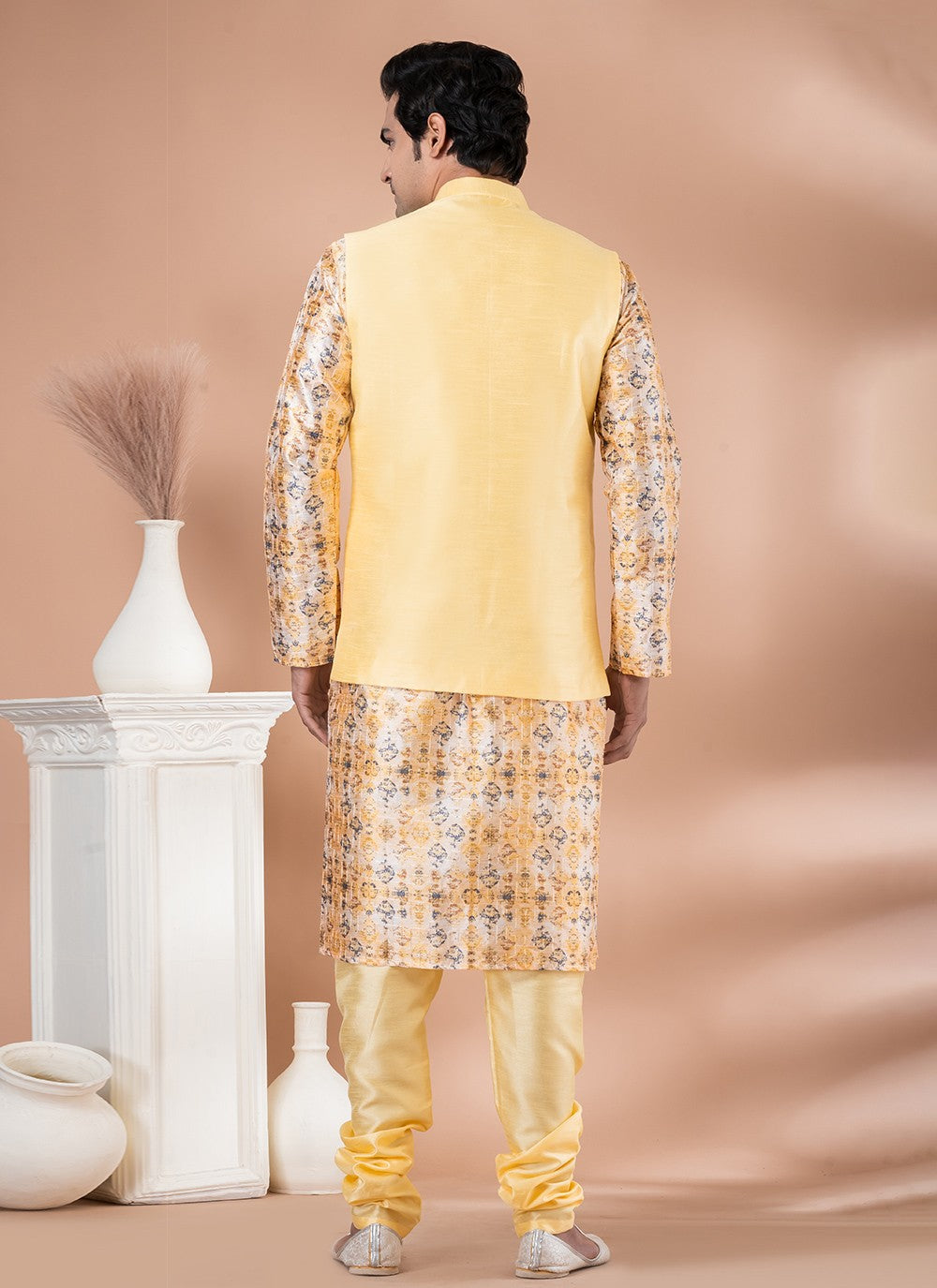 Plain Banarasi Silk Multi Colour, Yellow Kurta Payjama With Jacket - M7715