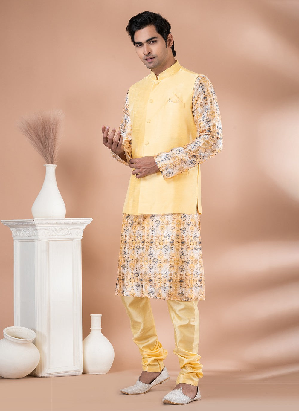 Plain Banarasi Silk Multi Colour, Yellow Kurta Payjama With Jacket - M7715