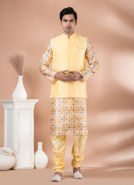 Plain Banarasi Silk Multi Colour, Yellow Kurta Payjama With Jacket - M7715