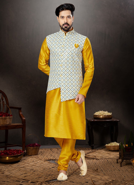 Embroidered Dupion Silk, Jacquard Multi Colour, Yellow Kurta Payjama With Jacket - M4767