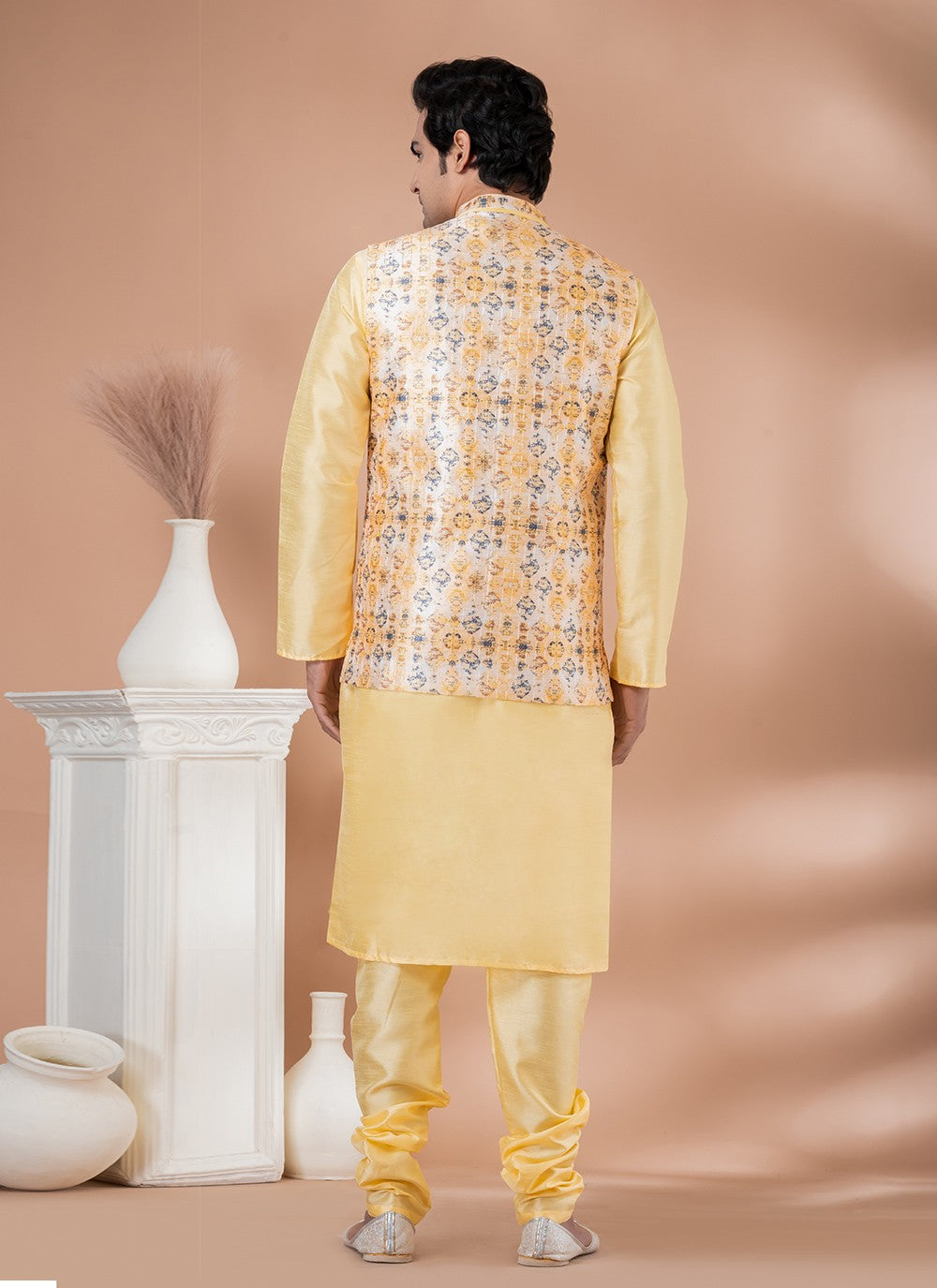 Plain Banarasi Silk Multi Colour, Yellow Kurta Payjama With Jacket - M7716