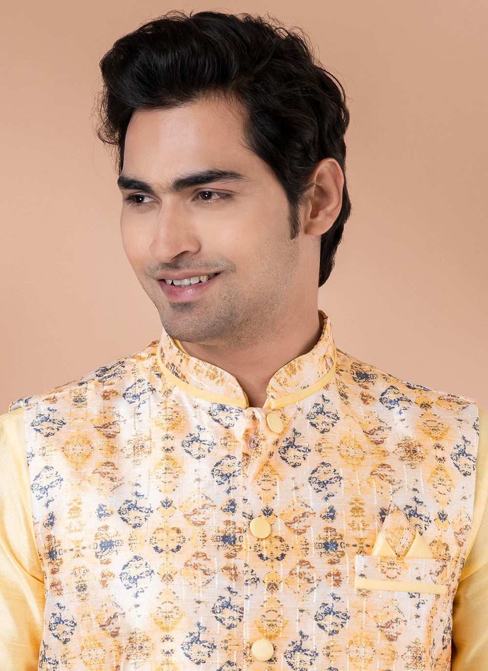 Plain Banarasi Silk Multi Colour, Yellow Kurta Payjama With Jacket - M7716