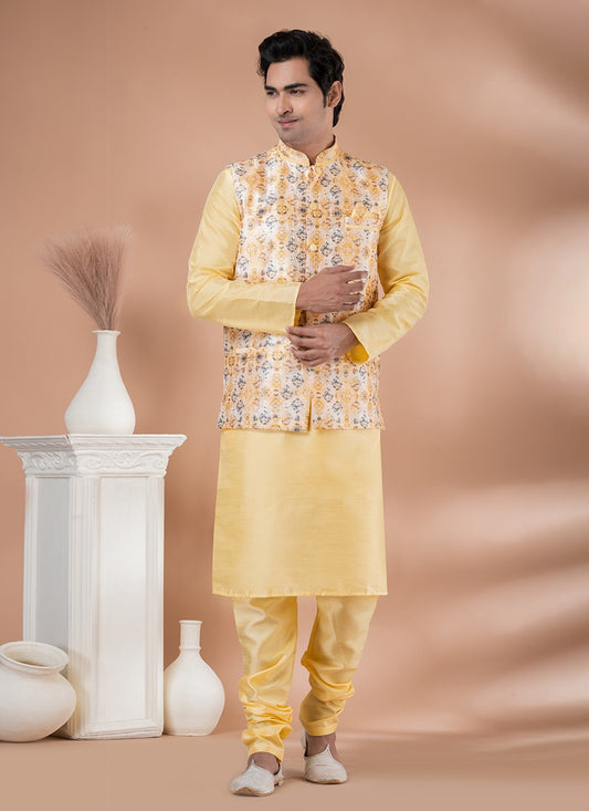 Plain Banarasi Silk Multi Colour, Yellow Kurta Payjama With Jacket - M7716