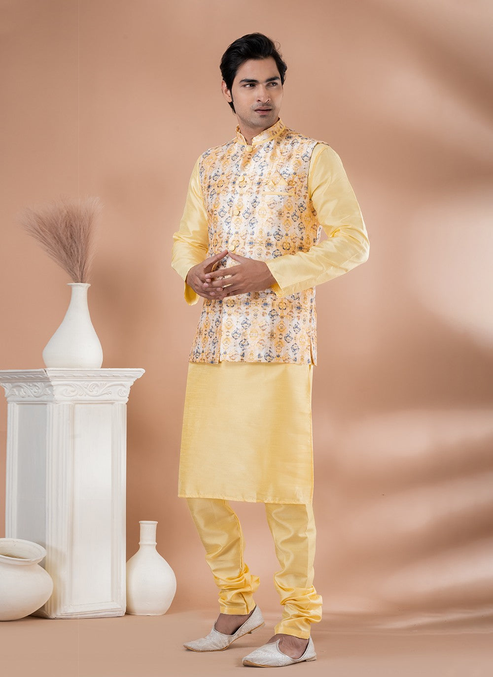 Plain Banarasi Silk Multi Colour, Yellow Kurta Payjama With Jacket - M7716