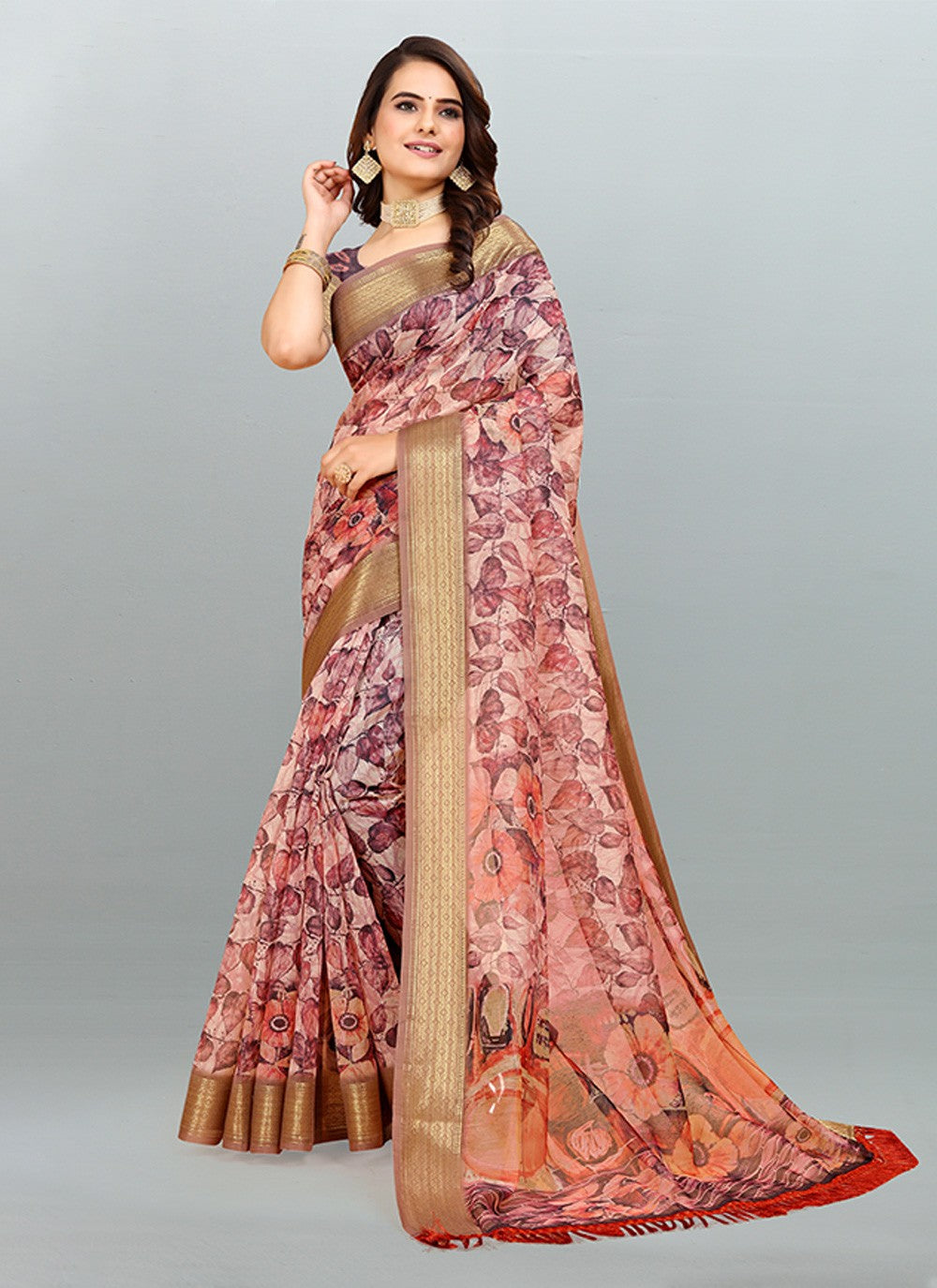 Saree Digital Print Cotton , Jacquard Saree - S3182