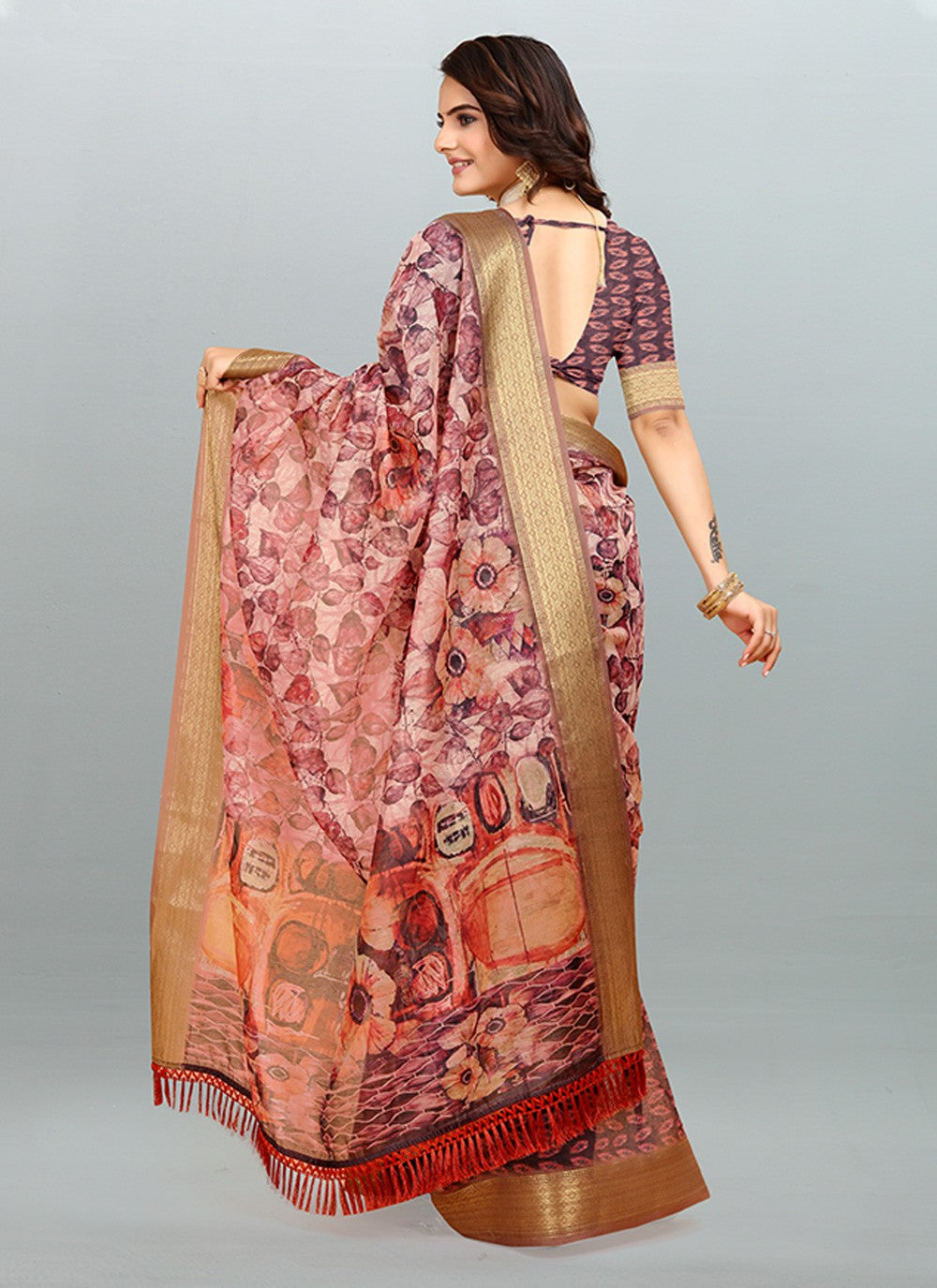 Saree Digital Print Cotton , Jacquard Saree - S3182