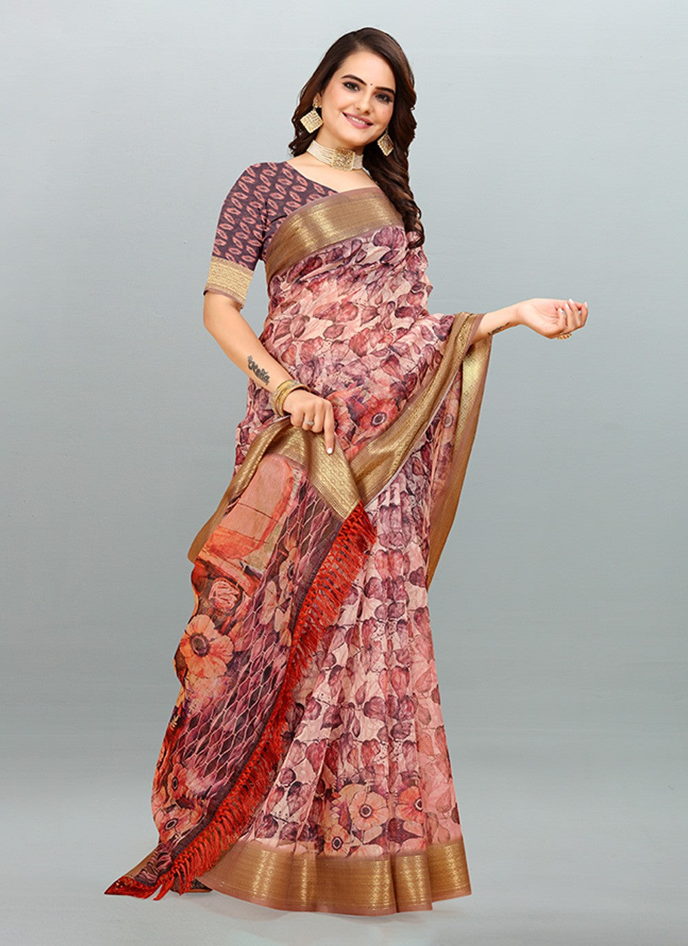 Saree Digital Print Cotton , Jacquard Saree - S3182