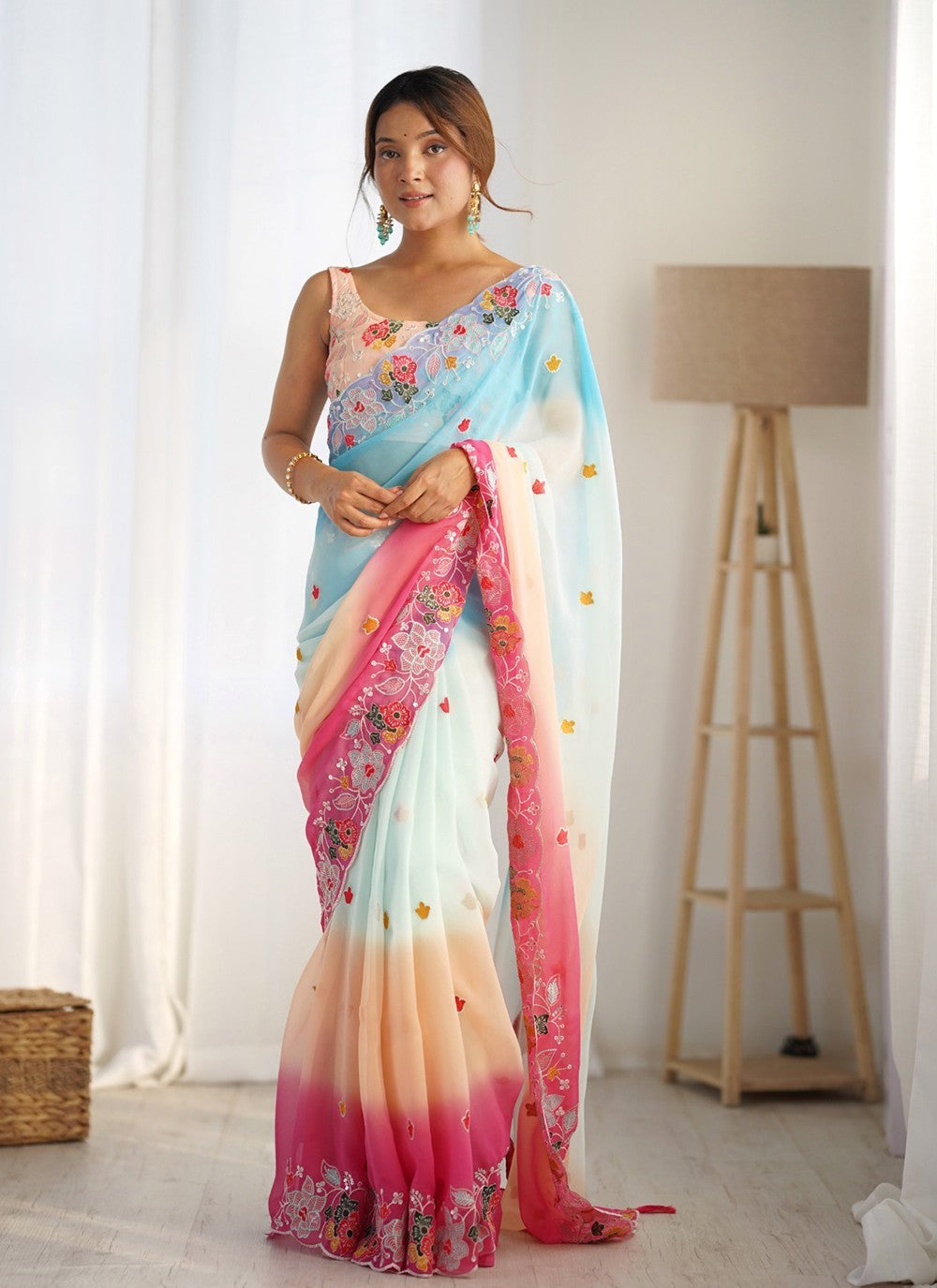 Classic Embroidered Georgette Multi Colour Saree - S11111