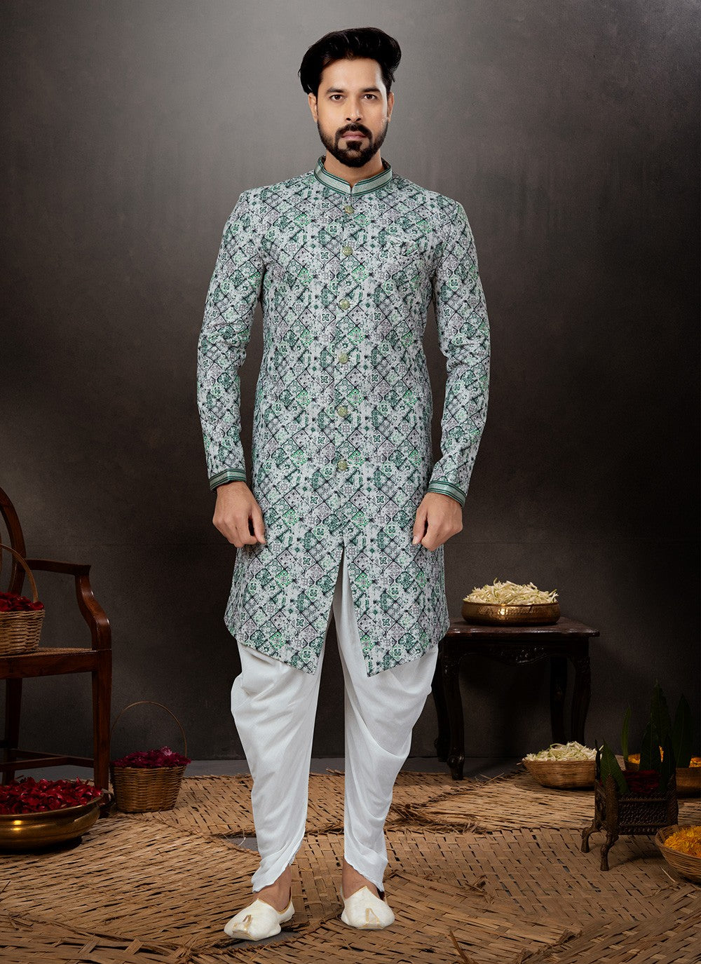 Fancy Work Jacquard Multi Colour Indo Western Sherwani - M4813