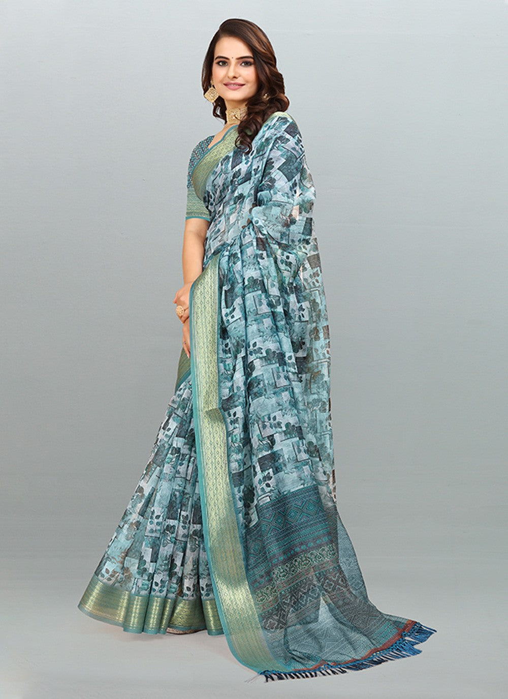 Saree Digital Print Cotton , Jacquard Saree - S3182