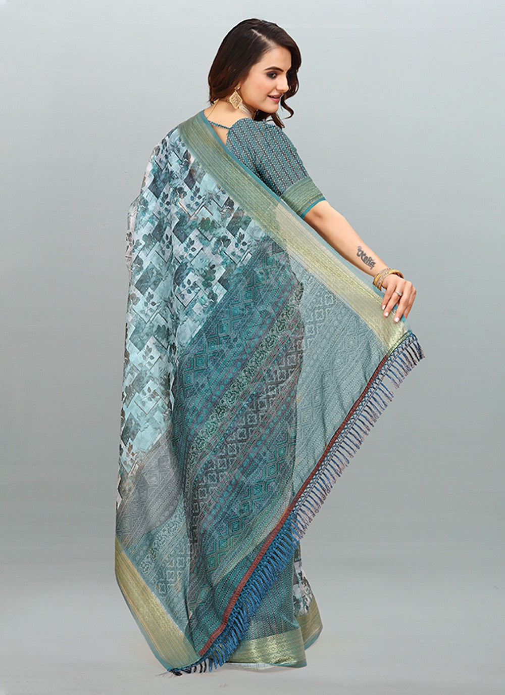 Saree Digital Print Cotton , Jacquard Saree - S3182