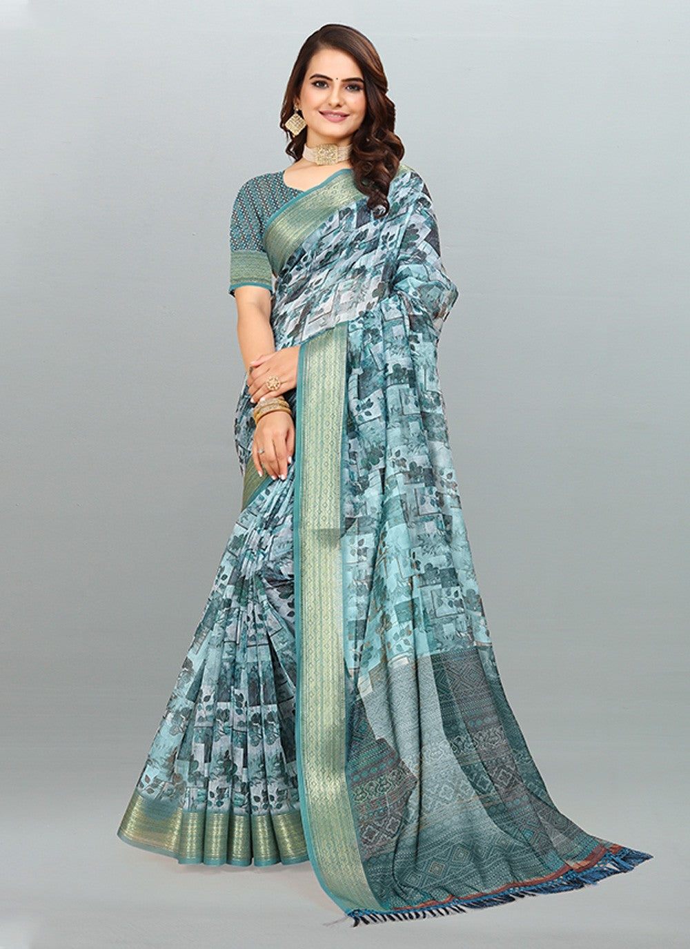 Saree Digital Print Cotton , Jacquard Saree - S3182