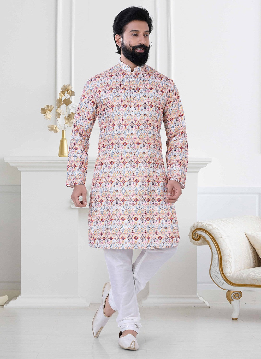 Printed Cotton Multi Colour Kurta Pyjama - M4176