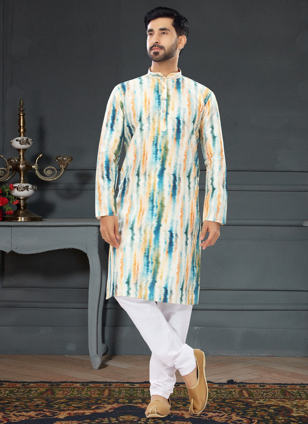 Digital Print Silk Multi Colour Kurta Pyjama - M4732